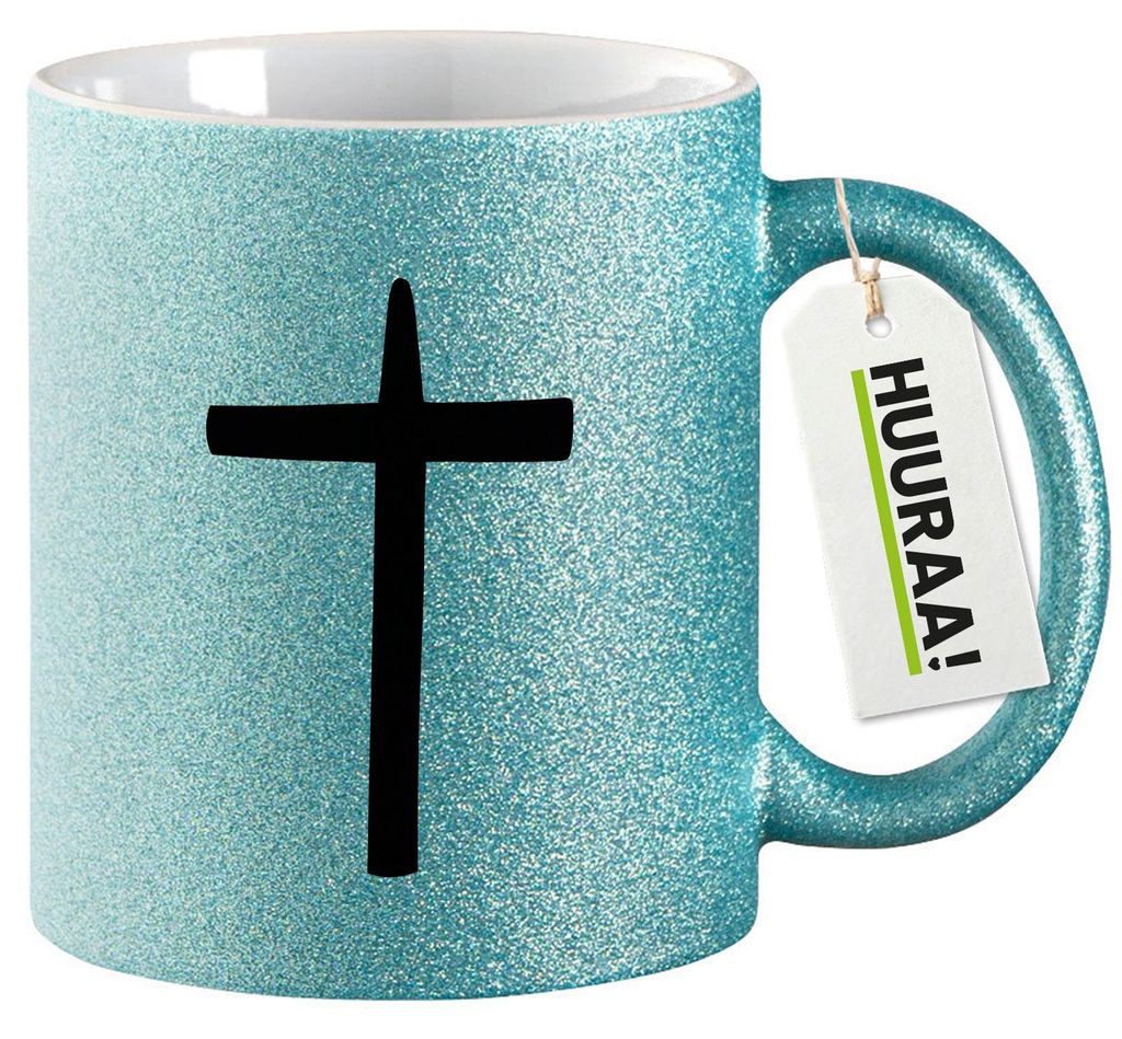 Huuraa Glitzertasse Kreuz Christentum 330ml Blau Keramik Kaffeebecher Geschenkidee