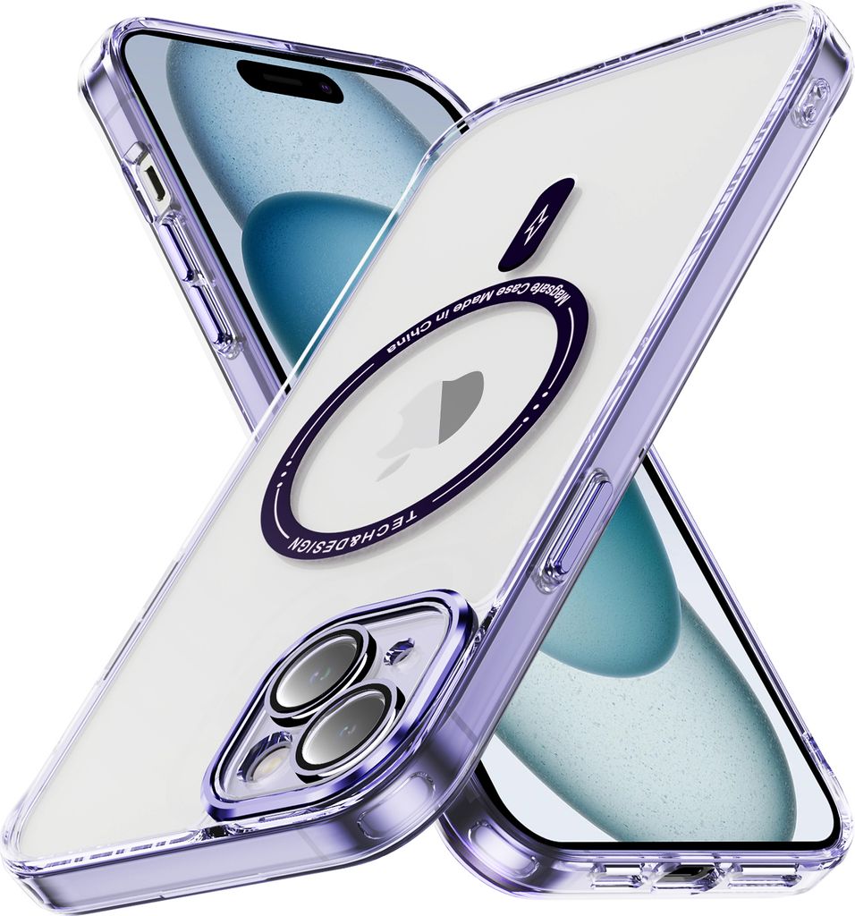 Magnetisch Klare Hülle für iPhone 15, Kompatibel mit MagSafe, Hybrid Stoßfeste Handyhülle Lila