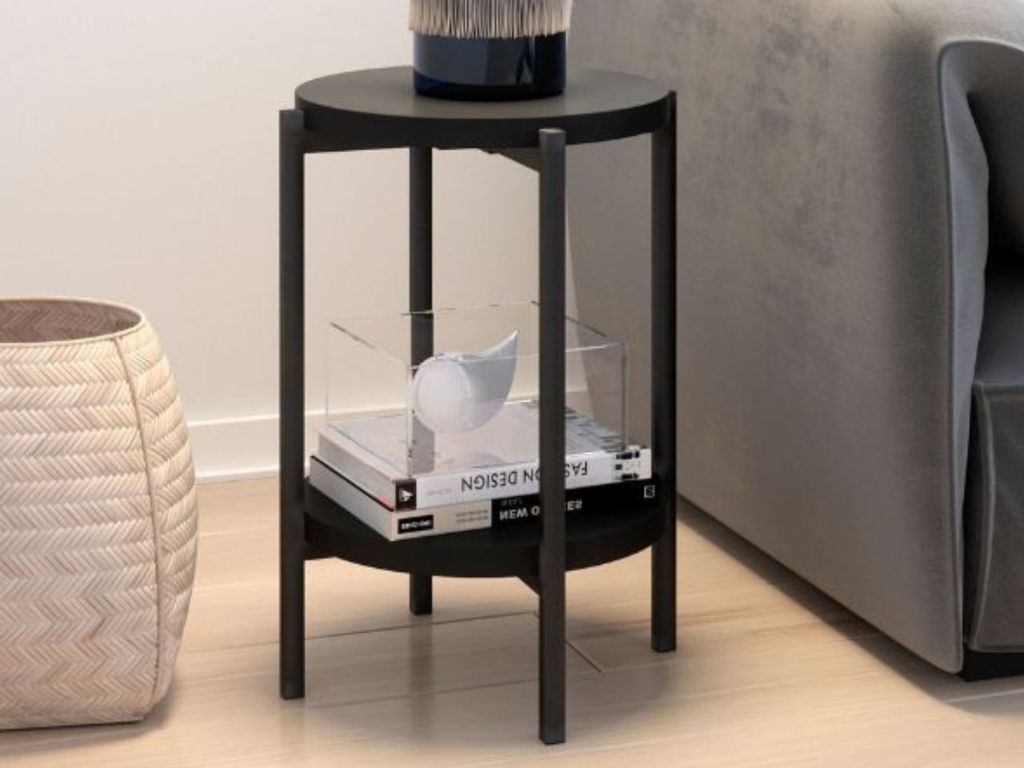 GrainGold Beistelltisch mit Ablage Sevilla - Runder Tisch, Wohnzimmer Couchtisch, Moderne Couchtisch - Beistelltisch Schwarz Matt