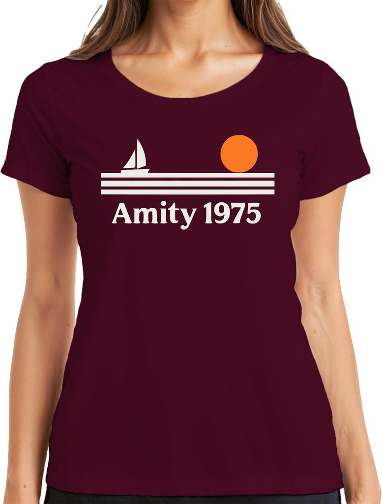 Amity 1975 Segelboot Sonnenuntergang Retro Maritim Strand Insel Damen T-Shirt, Burgundy, XXL