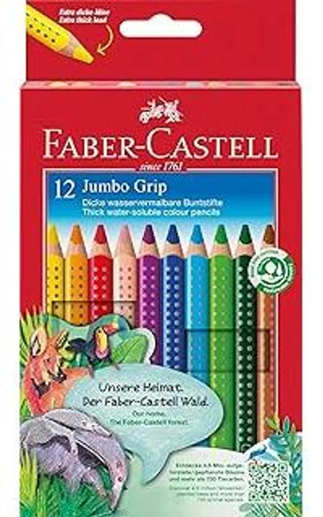 Faber-Castell 110912 Matite colorate Jumbo Grip per bambini, set di 12 matite colorate Jumbo, matite con impugnatura e fusto triangolare, pigmenti idrosolubili, facilmente lavabili e resistenti alla rottura, materiale scolastico