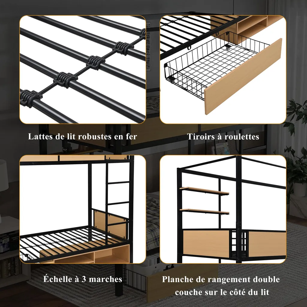 Lit superposé robuste avec rangements et rideaux de confidentialité
