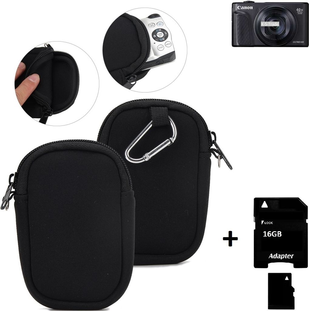 K-S-Trade Kameratasche kompatibel mit Canon PowerShot SX740 HS Schutz Hülle Kompaktkamera Tasche Travelbag sleeve case neopren Fototasche + 16GB