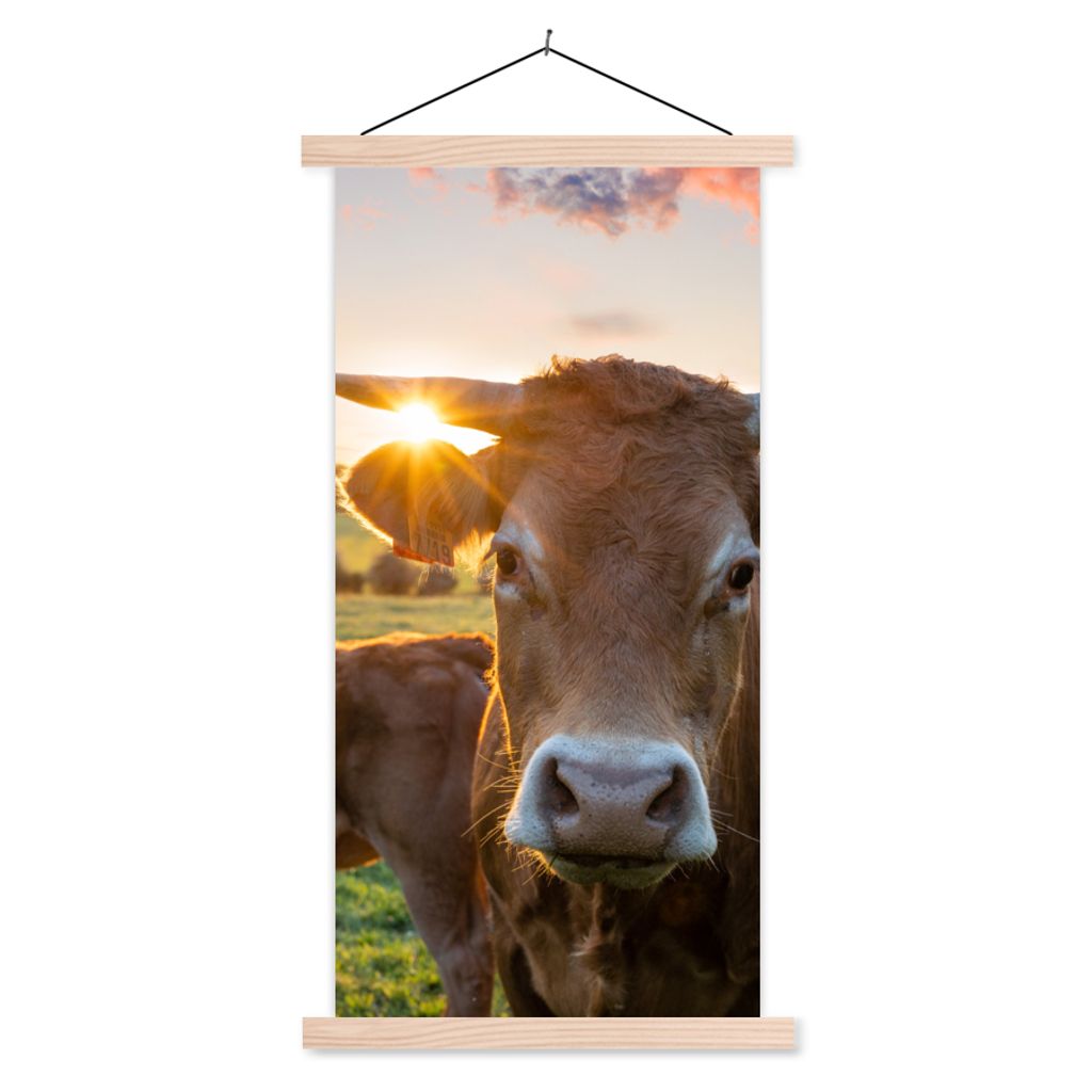 MuchoWow Textilposter Kühe - Sonne - Wiese - Landleben 60x120 cm mit holzfarbenen Rahmen - Holz