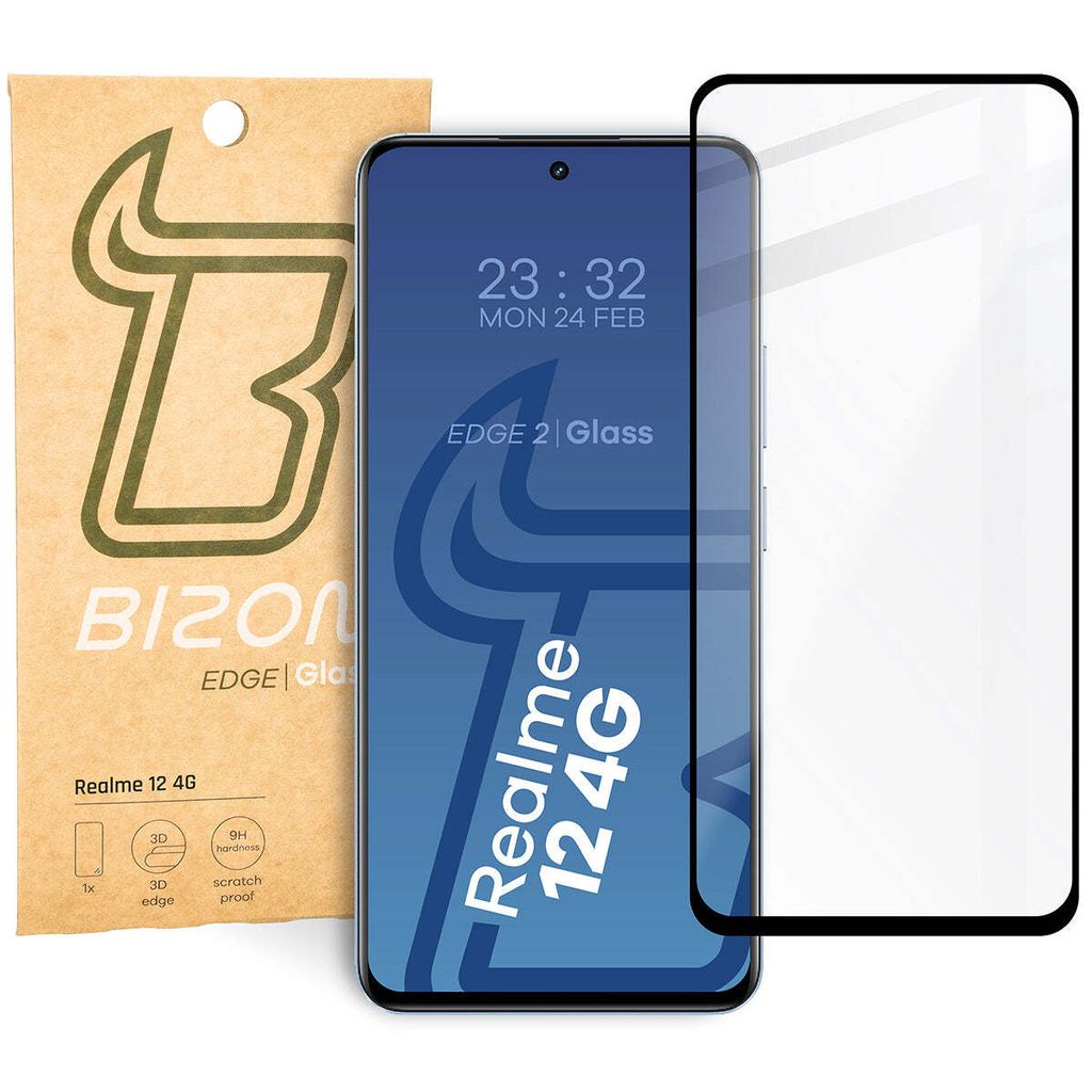 Bizon Glass Edge 2 Panzerglas für Realme 12 4G, schwarzer Rahmen