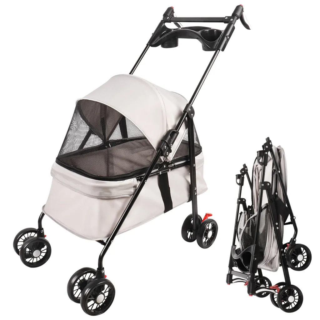 Poussette pour chiens pliable en tissu Oxford gris avec 2 laisses