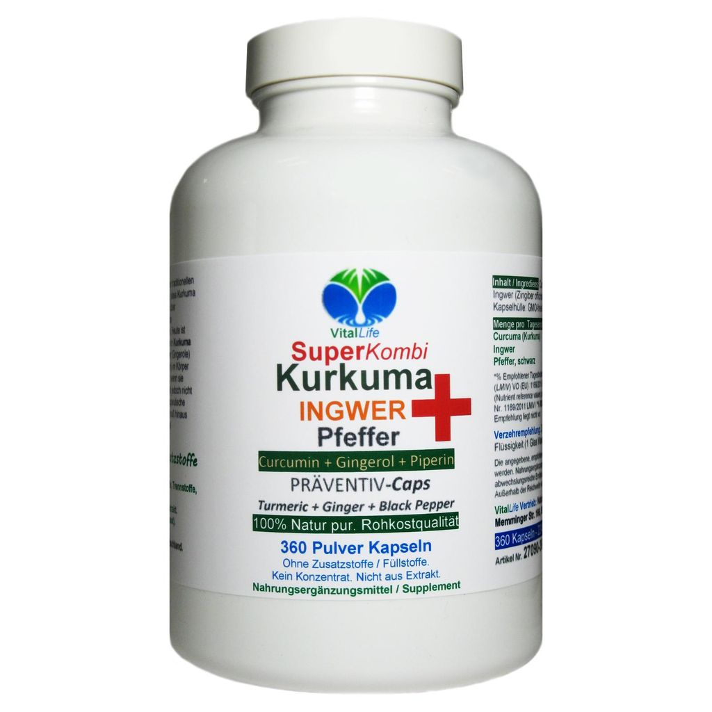 SuperKombi Kurkuma, Ingwer + Pfeffer 360 Pulver Kapseln Curcumin & Gingerol & Piperin NATUR Pur - OHNE Zusatzstoffe.