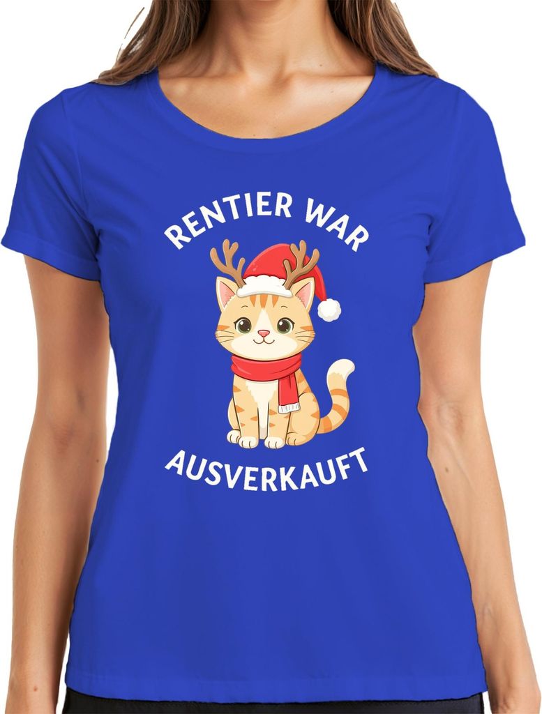 Rentier war t Weihnachten Katze lustig Geschenk süß Damen T-Shirt, Blau, L