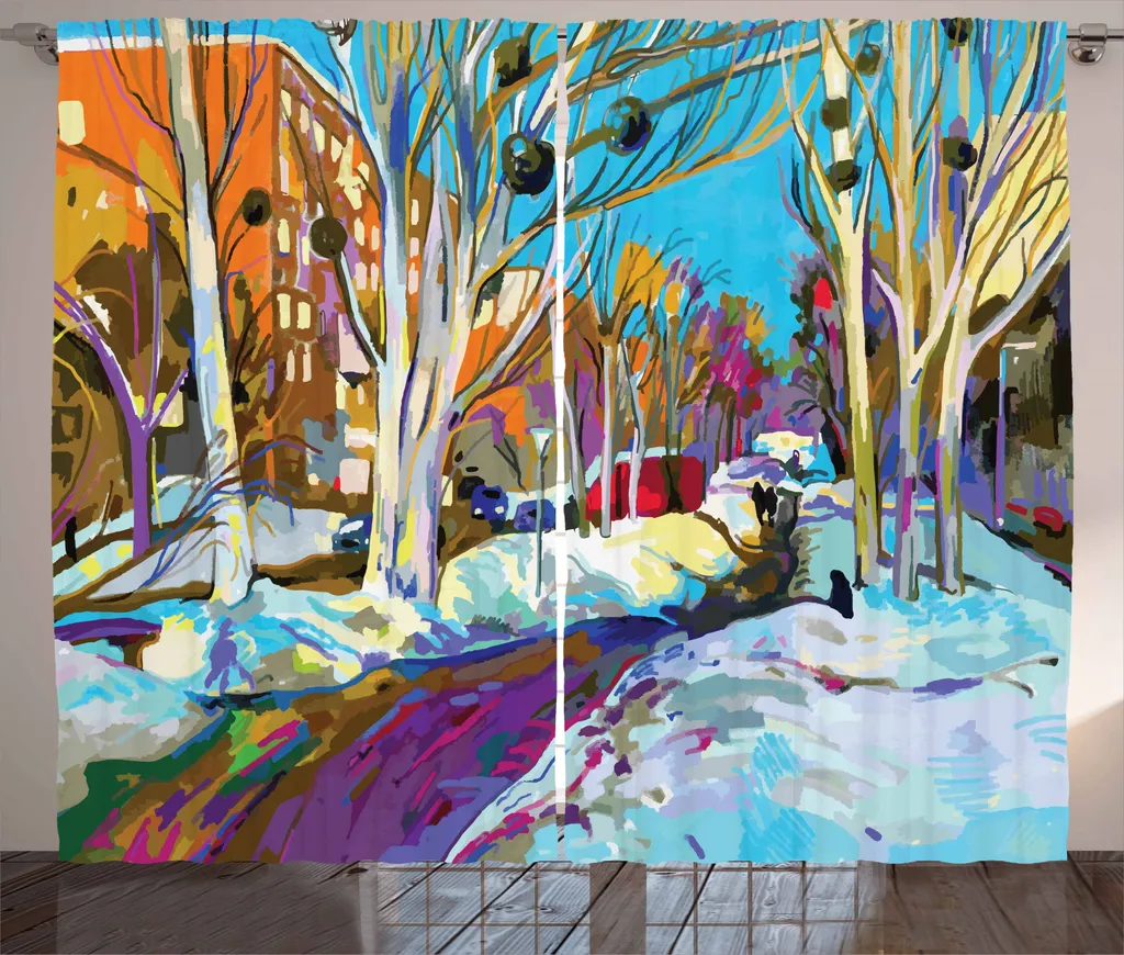 ABAKUHAUS Arte Tenda rustica, città Parco urbano in inverno, camera da letto Tenda con passanti e ganci, 280 x 245 cm, multicolore