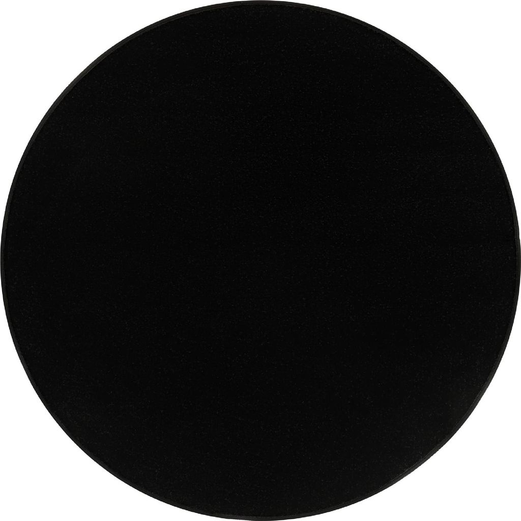 A black circular rug is shown from a top-down view against a white background.