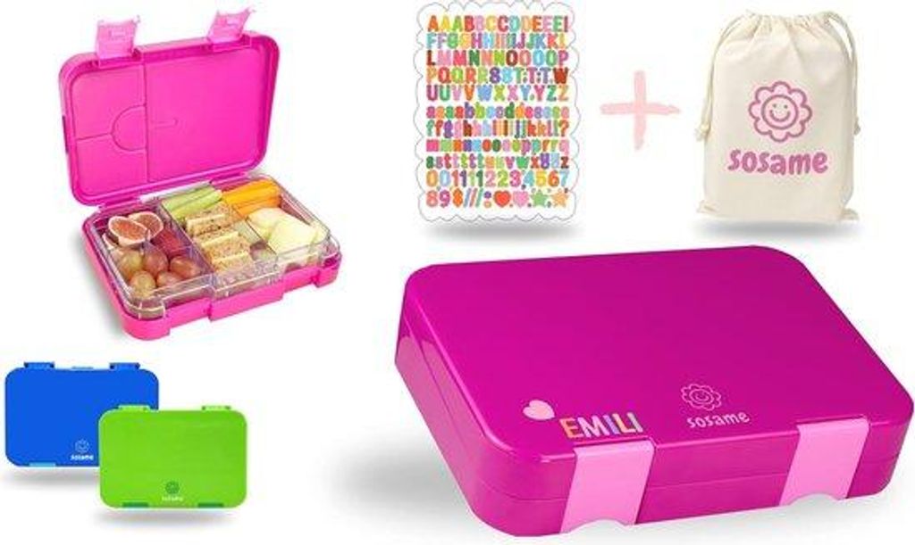 Kinderbento Box mit 6 Fächern - Lekvrije Schultasche - Bento Box mit Canvas und Baumwollband - Schneidekasten mit Buchstabenetiketten (Lila)