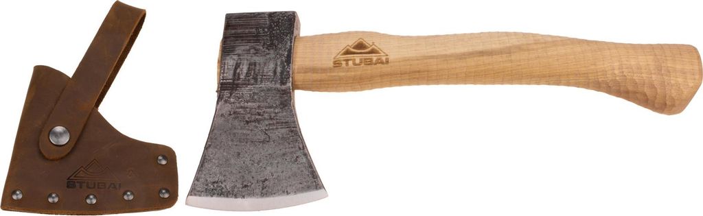 STUBAI Campingbeil „Habicht“ 1.100 g – Handgeschmiedet aus Kohlenstoffstahl, 340 mm, geölter Hickorystiel, Lederscheide – Outdoor, Bushcra...