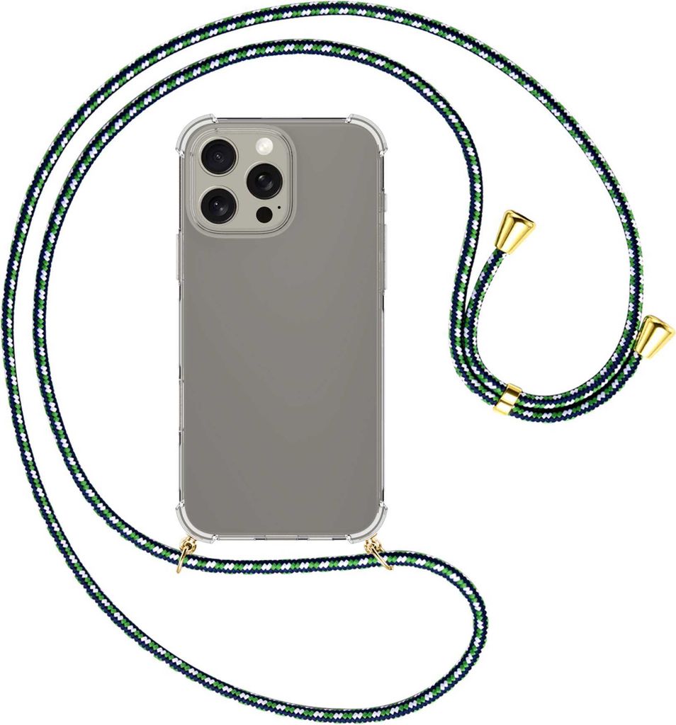 Handykette Backcover-Schutzhülle mit Band (Metall goldfarben) für iPhone 16 Pro Max - grün/blau/weiß