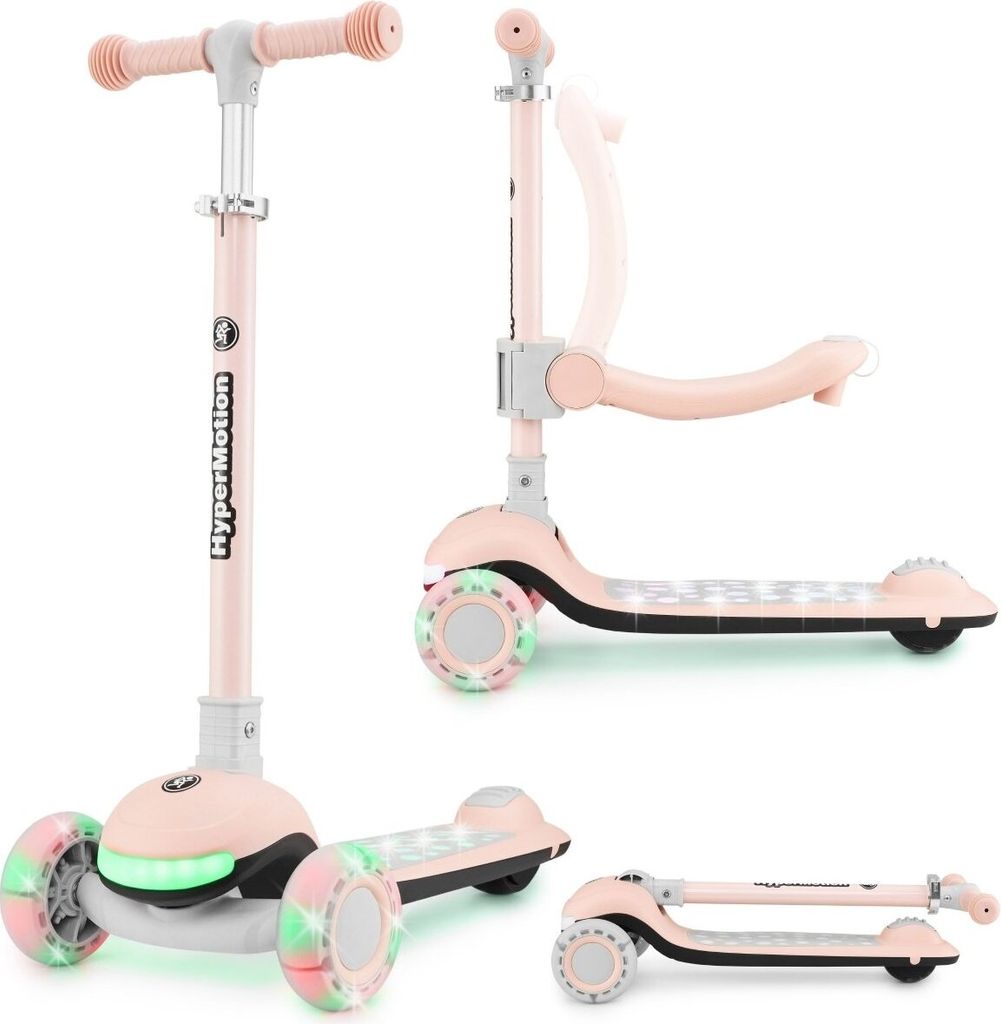 HyperMotion LUMI 3in1 Kinderroller mit LED-Beleuchtung, Sitz höhenverstellbar, klappbar, PolyurethanRäder, T-Bar Lenker, bis 50 kg, für Kinder a...