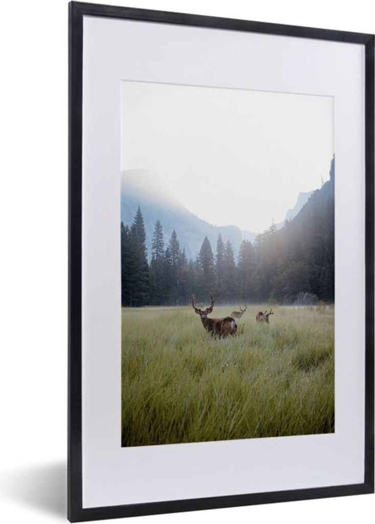 MuchoWow MuchoWow Gerahmtes Poster Wald - Hirsche - Nebel 40x60 cm - Poster mit zchwarzem Bilderrahmen - Poster in Rahmen