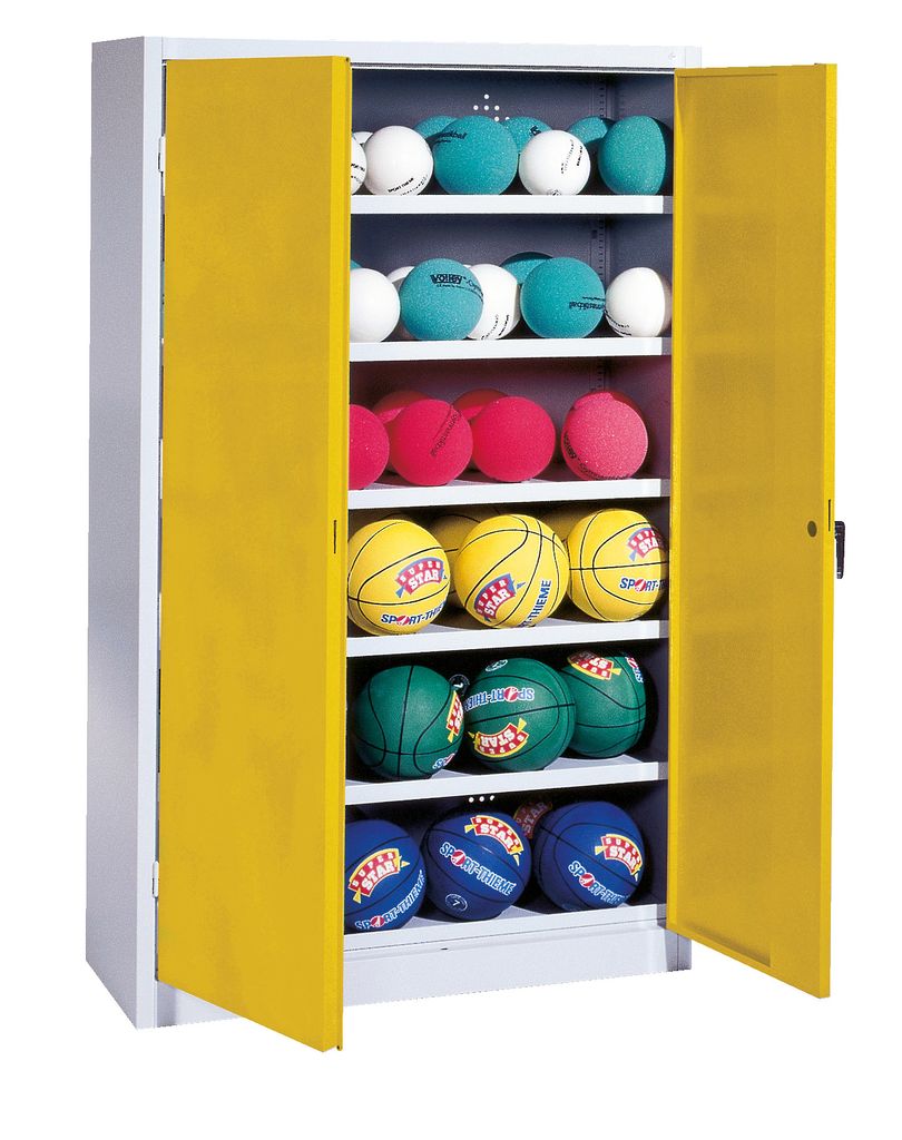 C+P Ballschrank mit Vollblech-Flügeltüren (Typ 3), HxBxT 195x120x40 cm, Verkehrsgelb (RAL 1023), Lichtgrau (RAL 7035), Gleichschließung