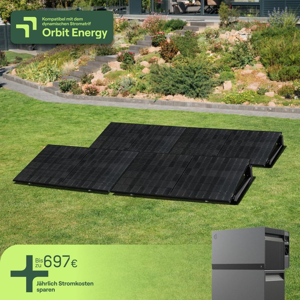 Balkonkraftwerk für Garten mit 4 Modulen & Speicher Avocado Orbit M (4,22 kWh) - 5m Anschlusskabel - priFlat Quattro Concret