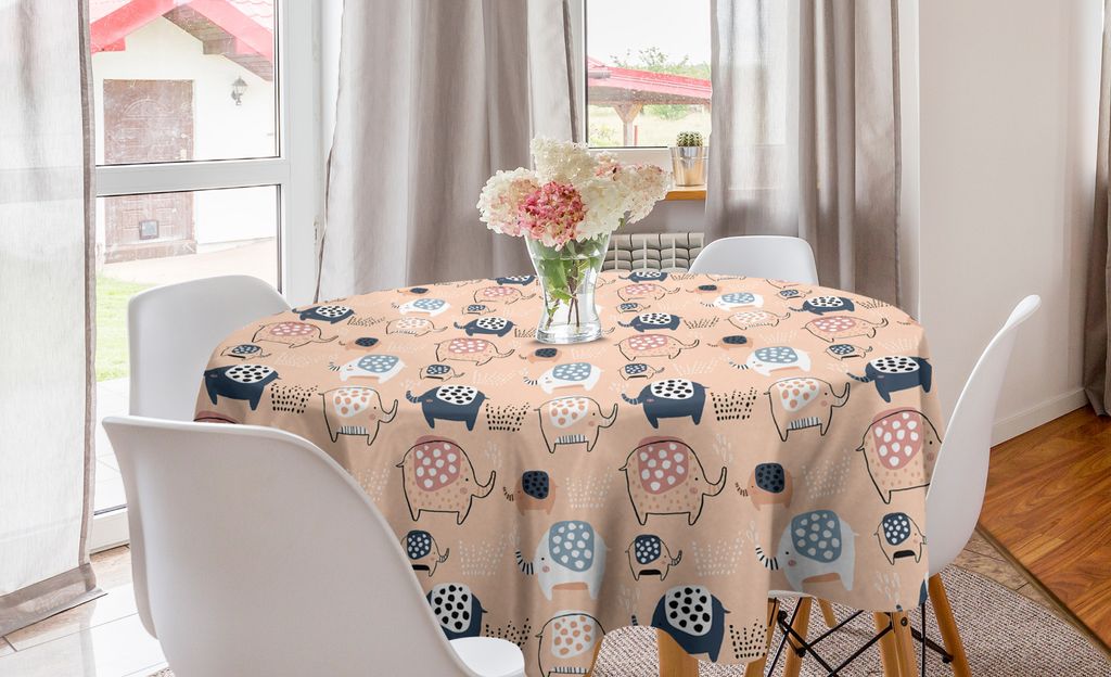 ABAKUHAUS Gekritzel Runde Tischdecke, Zoo-Tier Lustige Elefanten, Kreis Tischdecke Abdeckung für Esszimmer Küche Dekoration, 150 cm, Peach Coral ...