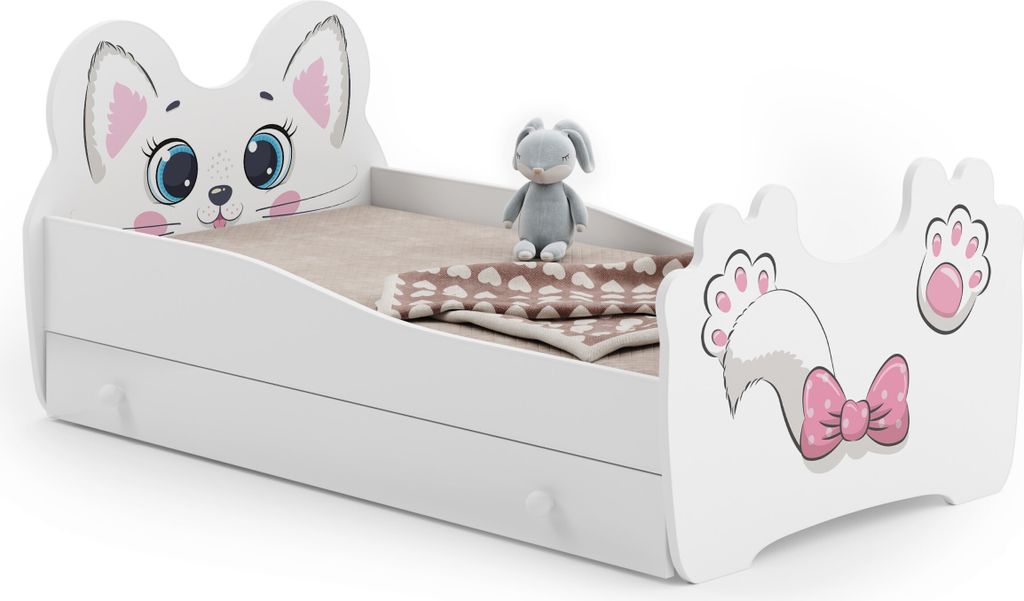 Kinderbett Pink Cat 160x80 cm mit Schublade – Weiß, Mädchen, inkl. Matratze und Montageanleitung, sicher und stabil, mit UV-beständigem Druck
