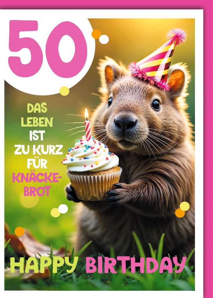 50. Geburtstag Glückwunschkarte mit Umschlag Wombats mit Muffin und Partyhut Happy Birthday Leben zu kurz
