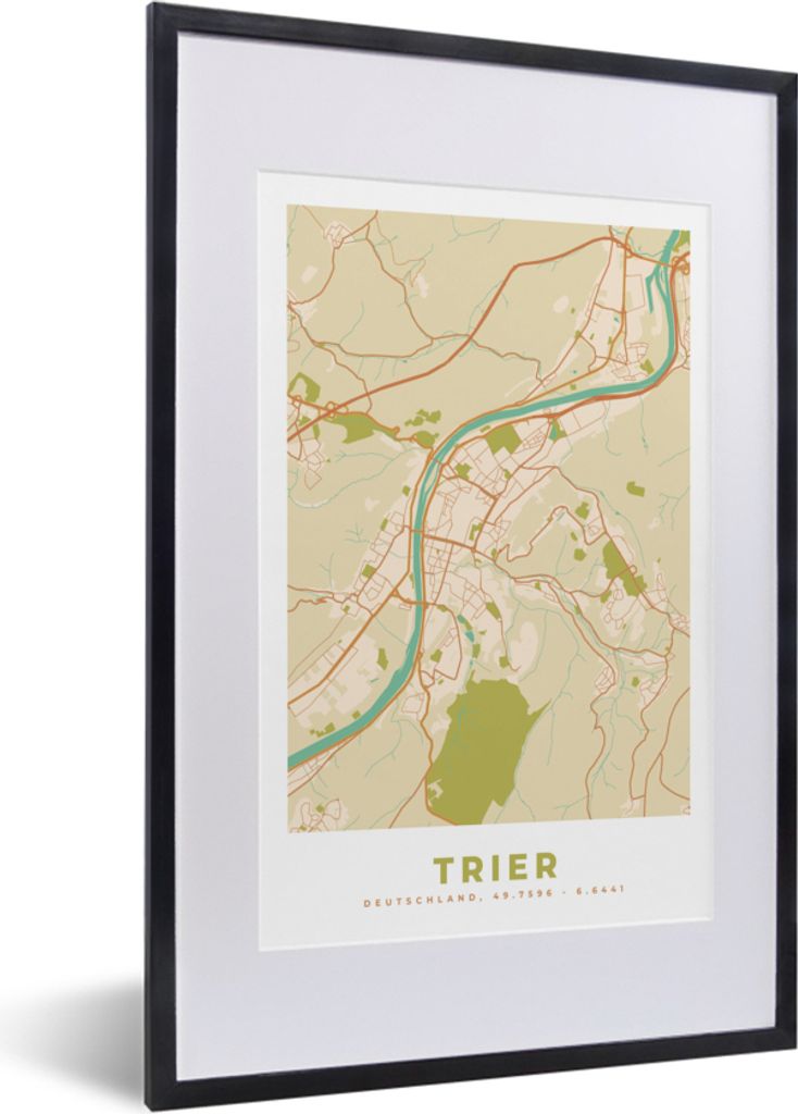 MuchoWow Gerahmtes Poster Trier - Karte - Stadtplan - Vintage 40x60 cm - Poster mit Schwarzem Bilderrahmen Wandposter Rahmen Foto Bilder - Poster...