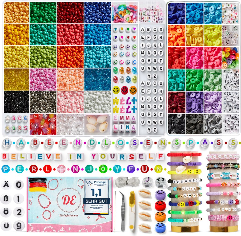 Perlen für Armbänder Set - Über 33600 Stück 3mm Glasperlen & 6mm Tonperlen, Schmuck & Perlenset mit Buchstabenperlen [Ä, Ö, Ü, ß] & Zahlen zum Auffäde