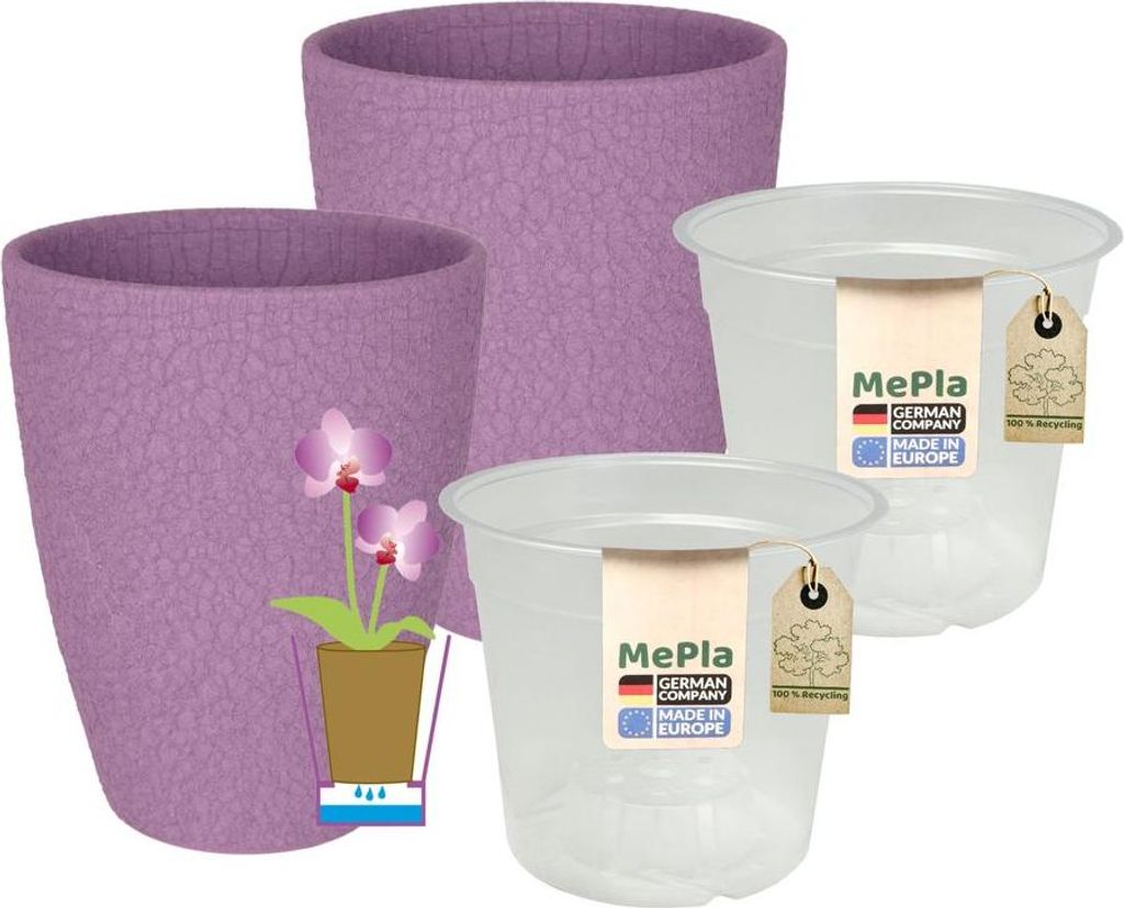 MePla - 2 Stück - Orchideenübertopf 500 lizzard ø 14 Lavendel + Pflanztopf Orchidee ø 12