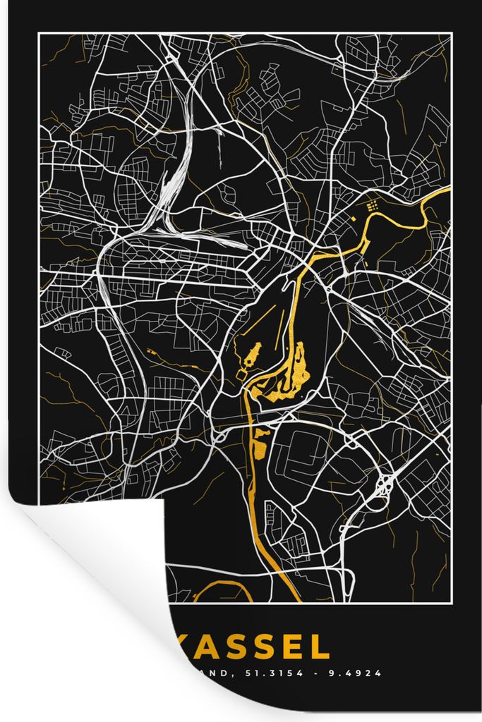 MuchoWow Wandtattoo Wandsticker Wandaufkleber Kassel - Deutschland - Karte - Stadtplan - Gold - Karte 20x30 cm Selbstklebend und Repositionierbar...