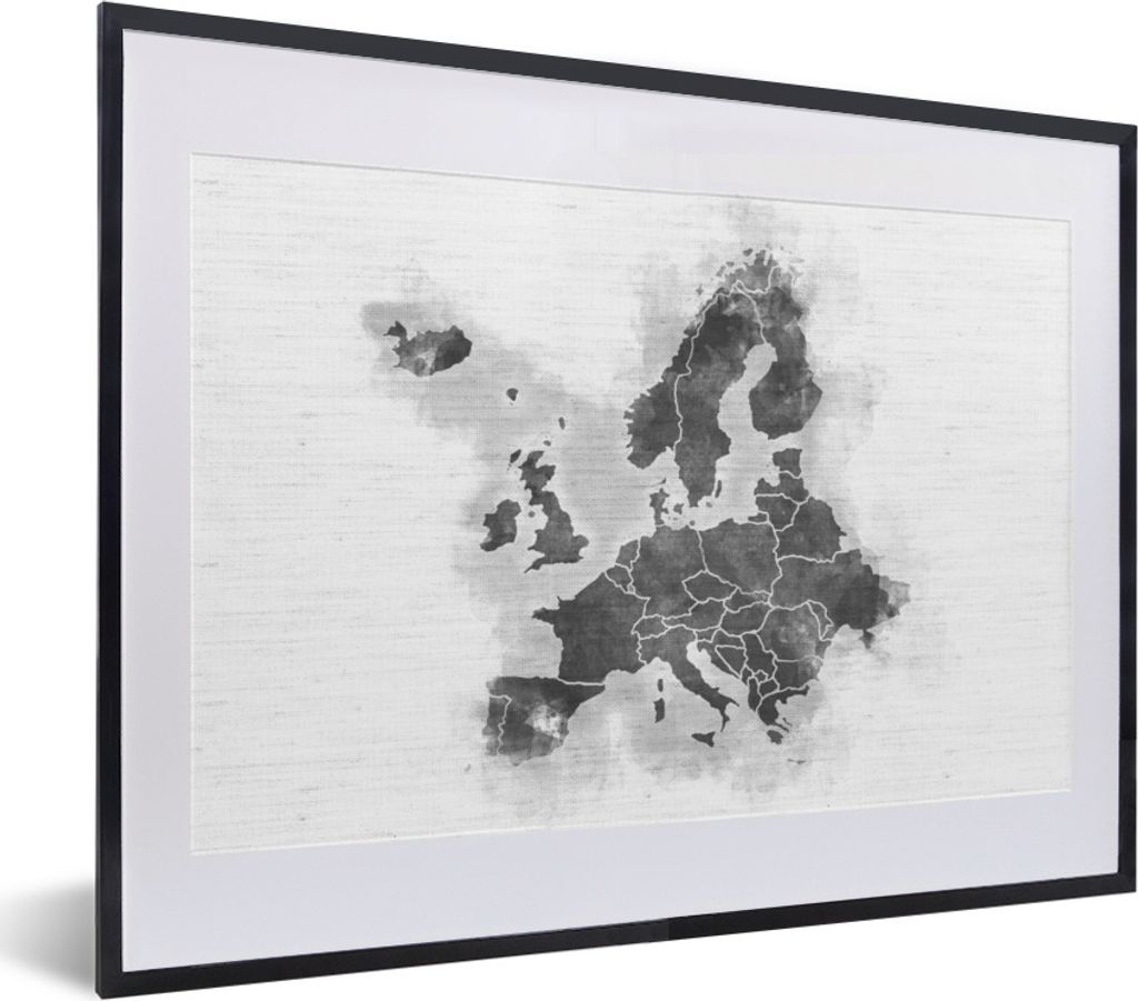 MuchoWow Gerahmtes Poster Europa-Karte mit einzigartigem Hintergrund - schwarz und weiß 40x30 cm - Poster mit Schwarzem Bilderrahmen Wandposter ...