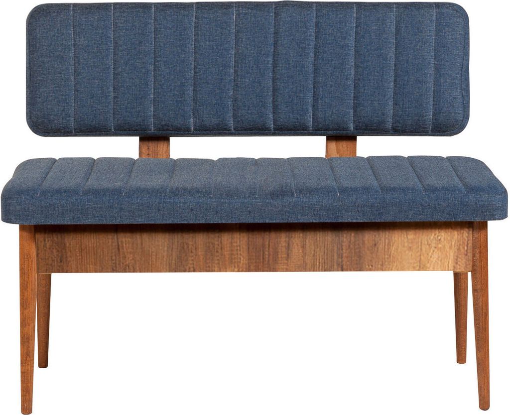 A studio shot of a blue upholstered bench with a wooden frame.