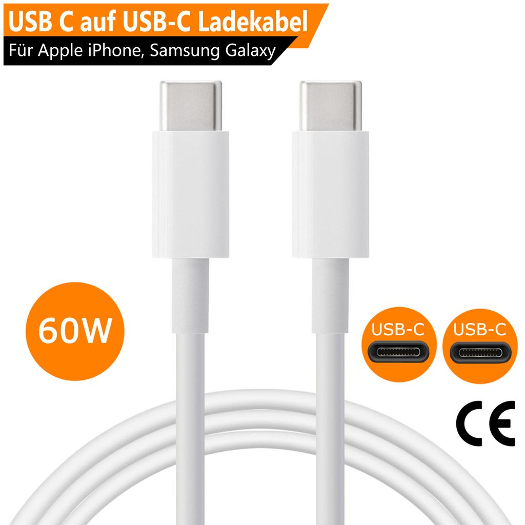 A white USB-C to USB-C charging cable is shown against a white background, with marketing text and icons.