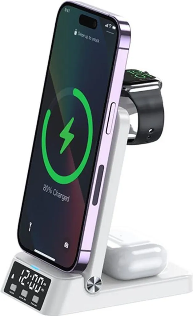 Chargeur sans fil pour table de chevet avec réveil 15W blanc épuré