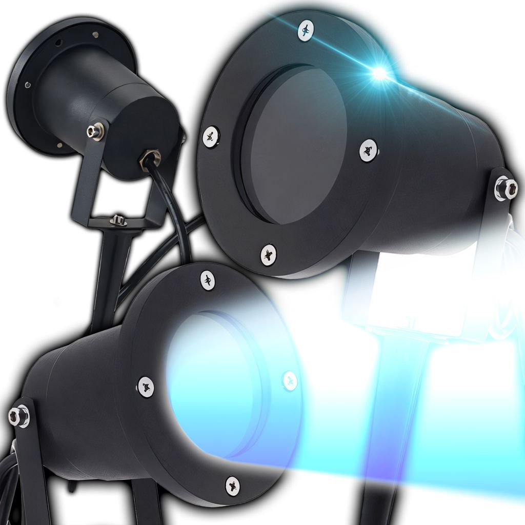 Two black outdoor LED spotlights with blue light beams.