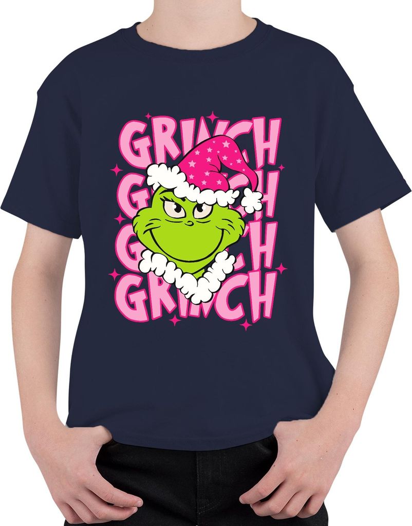 Grinch Weihnachten frech Geschenk grün rosa Santa Hut Retro Uni Kinder T-Shirt, Navy, 140