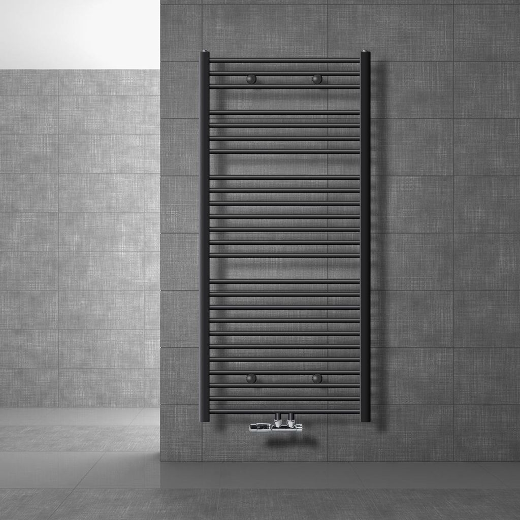LuxeBath Badheizkörper Mittelanschluss 750 x 1500 mm Anthrazit gebogen mit Thermostat und Anschlussgarnitur Eck Wand - Heizkörper, ohne Heizstab