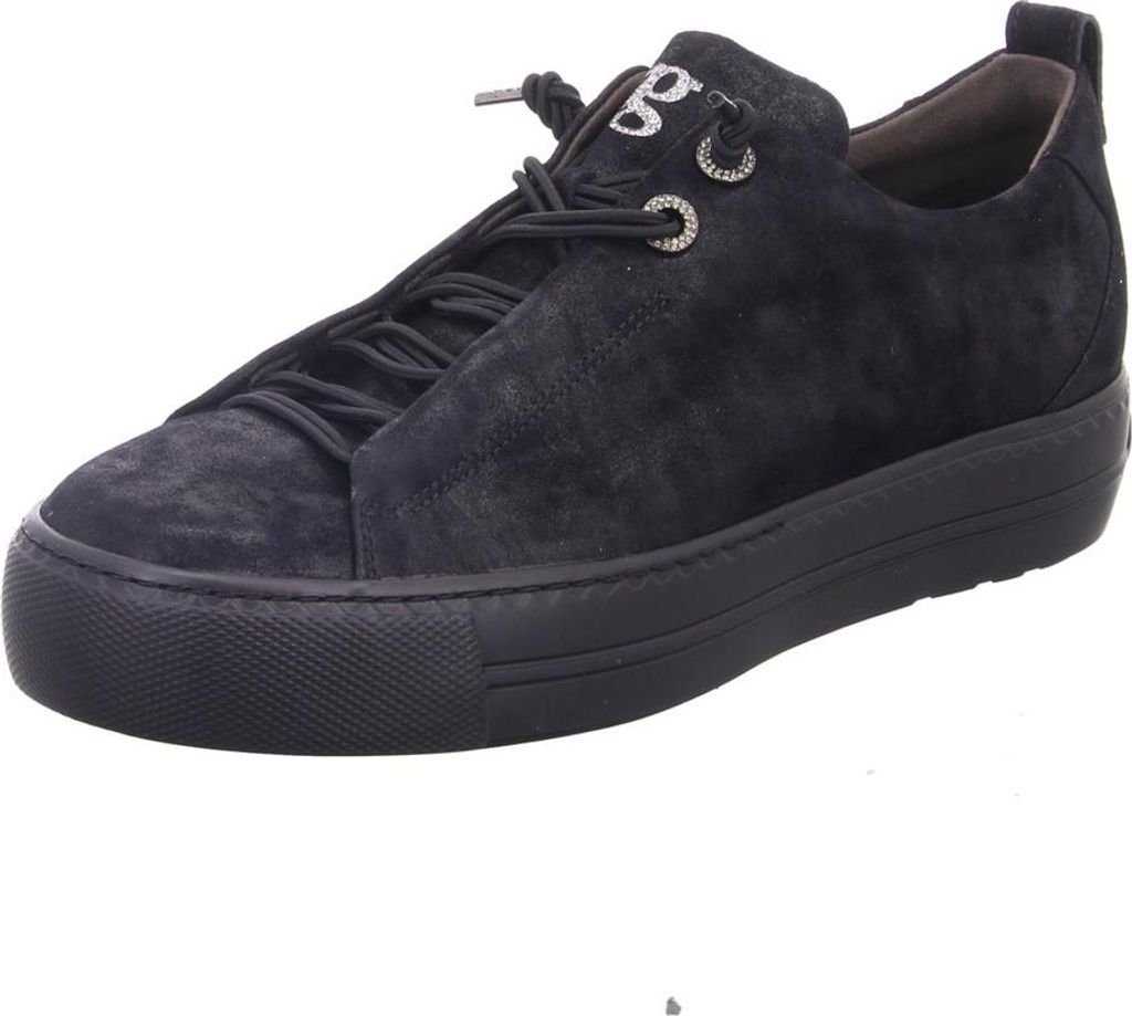 A single black suede sneaker with a thick black sole is shown against a white background.