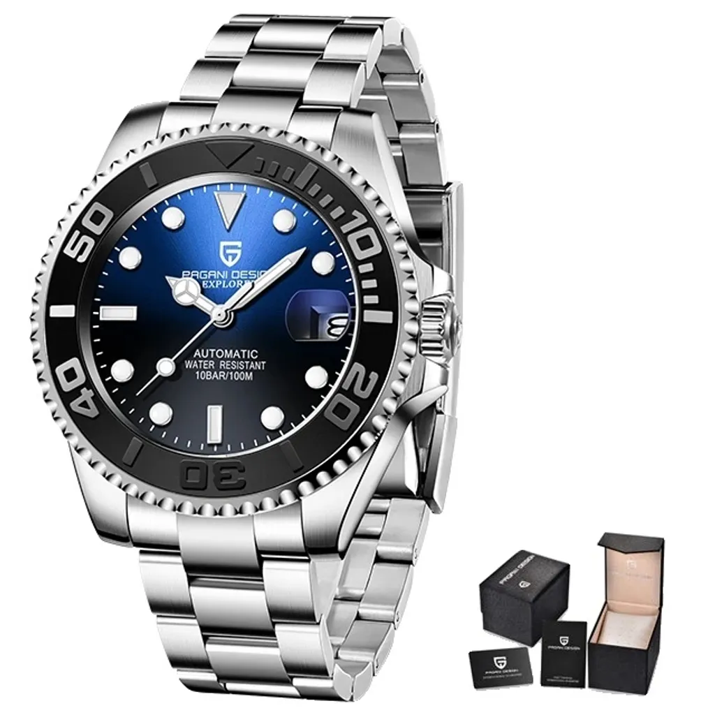 Montre bracelet mécanique pour homme en acier inoxydable bleu marine