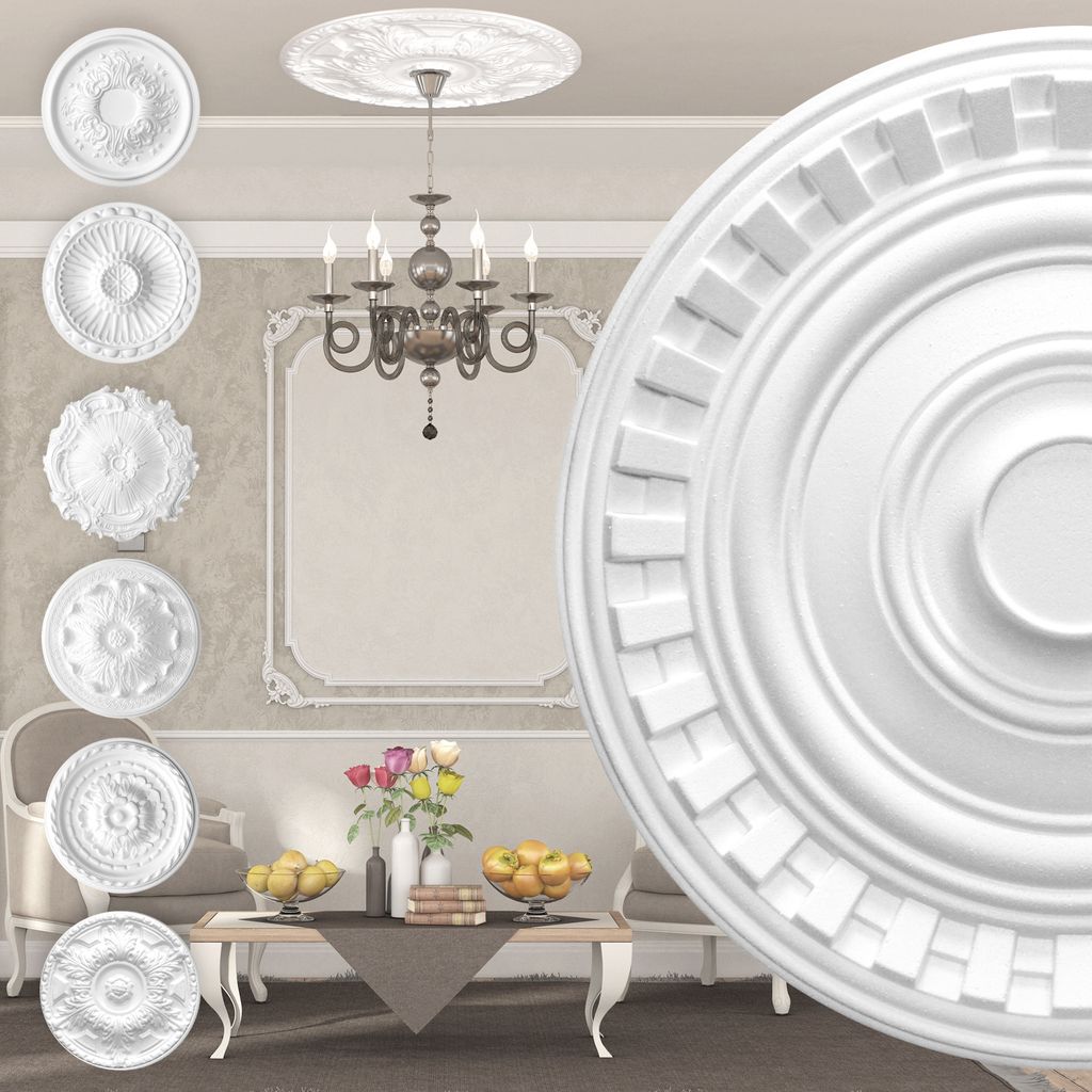 MARBET DESIGN Stuckrosette aus EPS Styropor - Deckenrosette weiß, Zierelement, Stuck (R-27, Ø 60cm) Wanddeko Wohnzimmer Decke Polystyrol rund