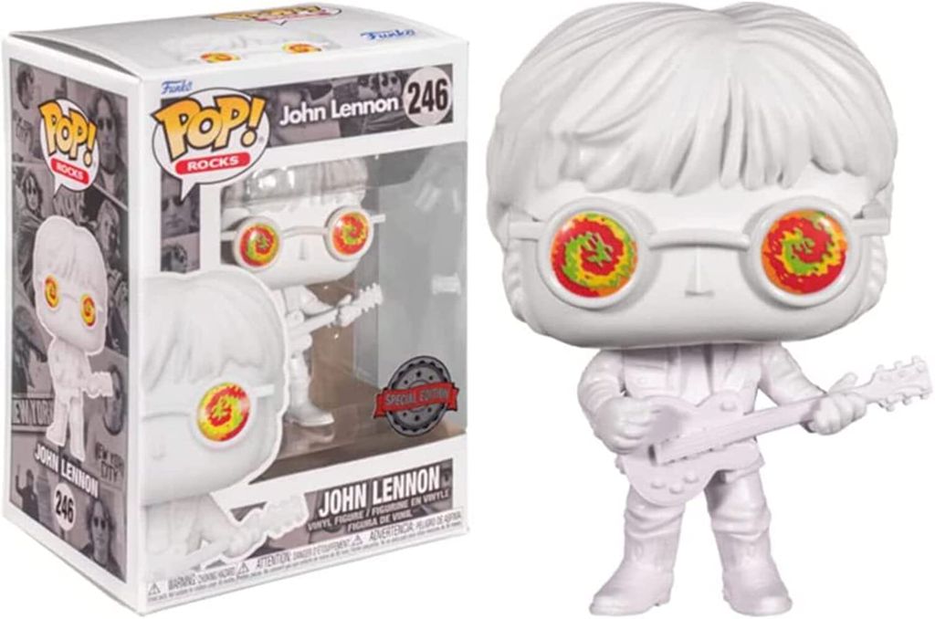 A Funko Pop! Rocks John Lennon vinyl figure in its packaging, with a separate image of the figure outside the box.