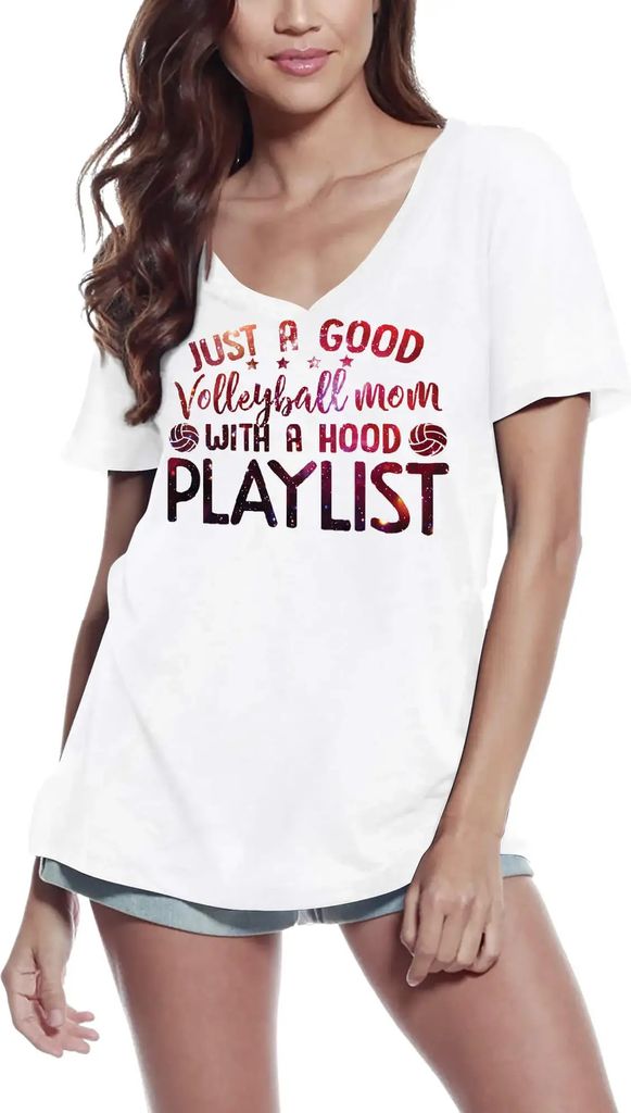 Damen Grafik T-Shirt V-Ausschnitt Einfach eine gute Volleyball-Mutter – Just A Good Volleyball Mom – Öko-Verantwortlich Vintage Jahrgang Kurzarm