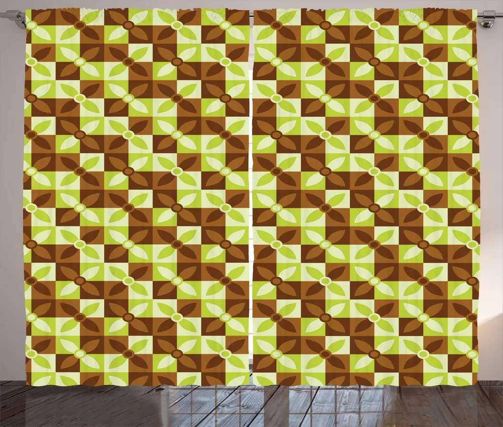 Rideau de Chambre Géométrique Bicolore 280x225 cm Jaune Vert Chocolat