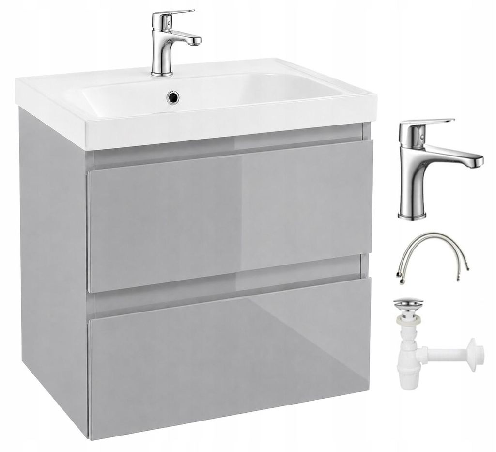 Hängender Badschrank mit Waschbecken, Armatur & Siphon, Produktbild 