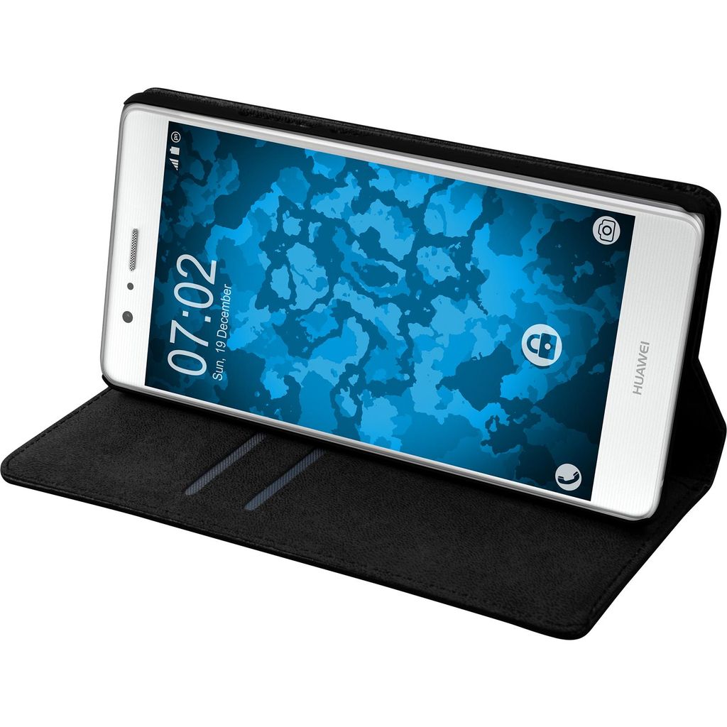PhoneNatic Kunst-Lederhülle kompatibel mit Huawei P9 Lite - Book-Case schwarz + 2 Schutzfolien