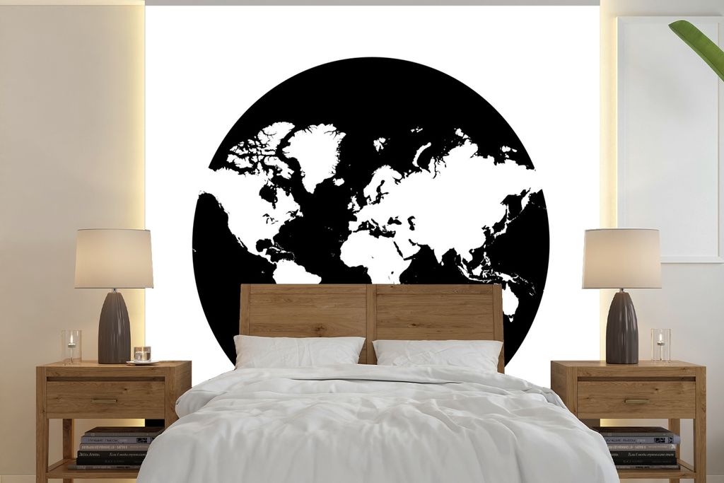 MuchoWow Fototapete für Wohnzimmer oder Schlafzimmer Wandtapete Vinyl Motivtapete Weltkarte - Kreis - Schwarz und weiß - 240x240 cm - Schlafzim...