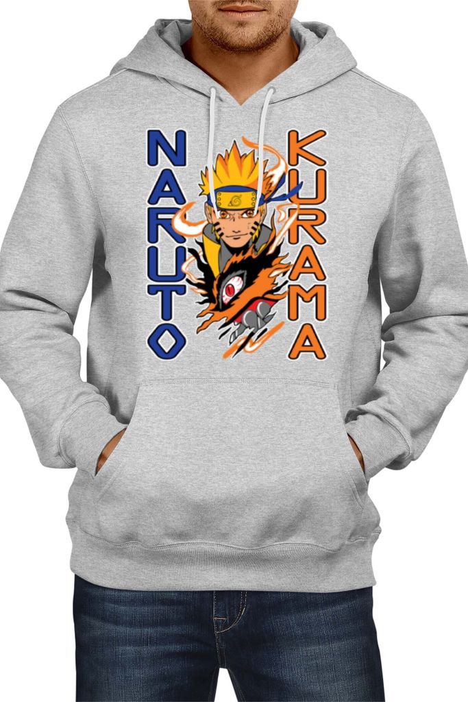 Herren Kapuzenpullover Japan Manga Comics Anime Naruto Kurama Var-049 Kurama Demon Fox, Man 2XL / Grau