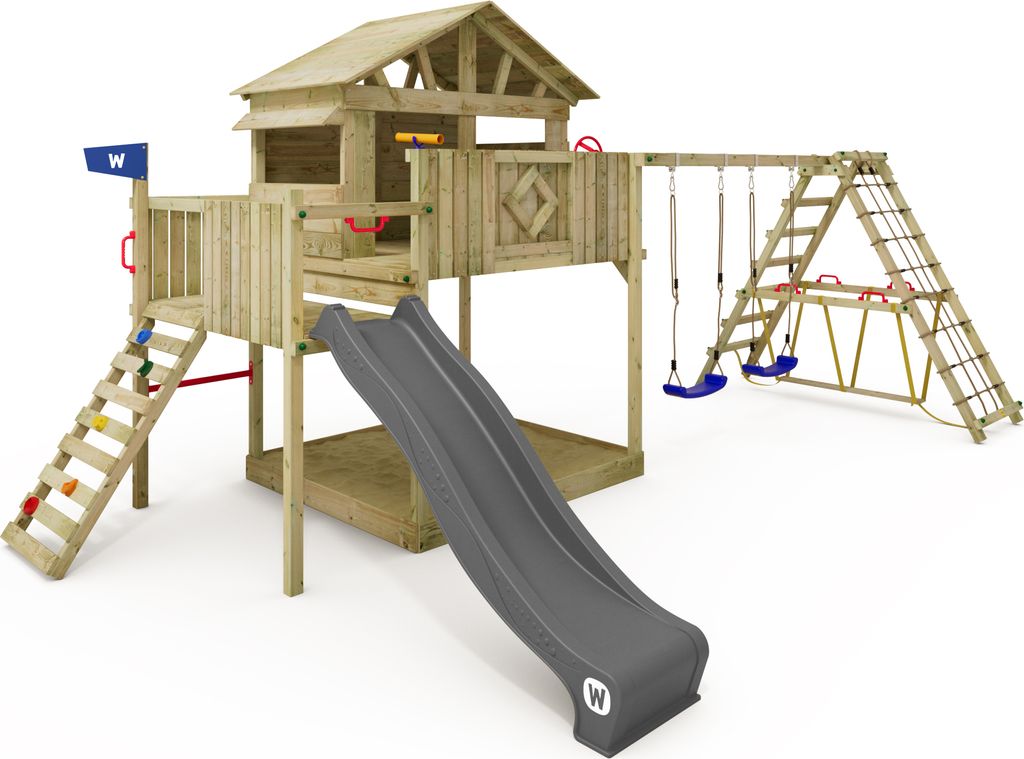 WICKEY Spielturm Smart Fjord mit Surfanbau, Doppelschaukel und Rutsche – anthrazit