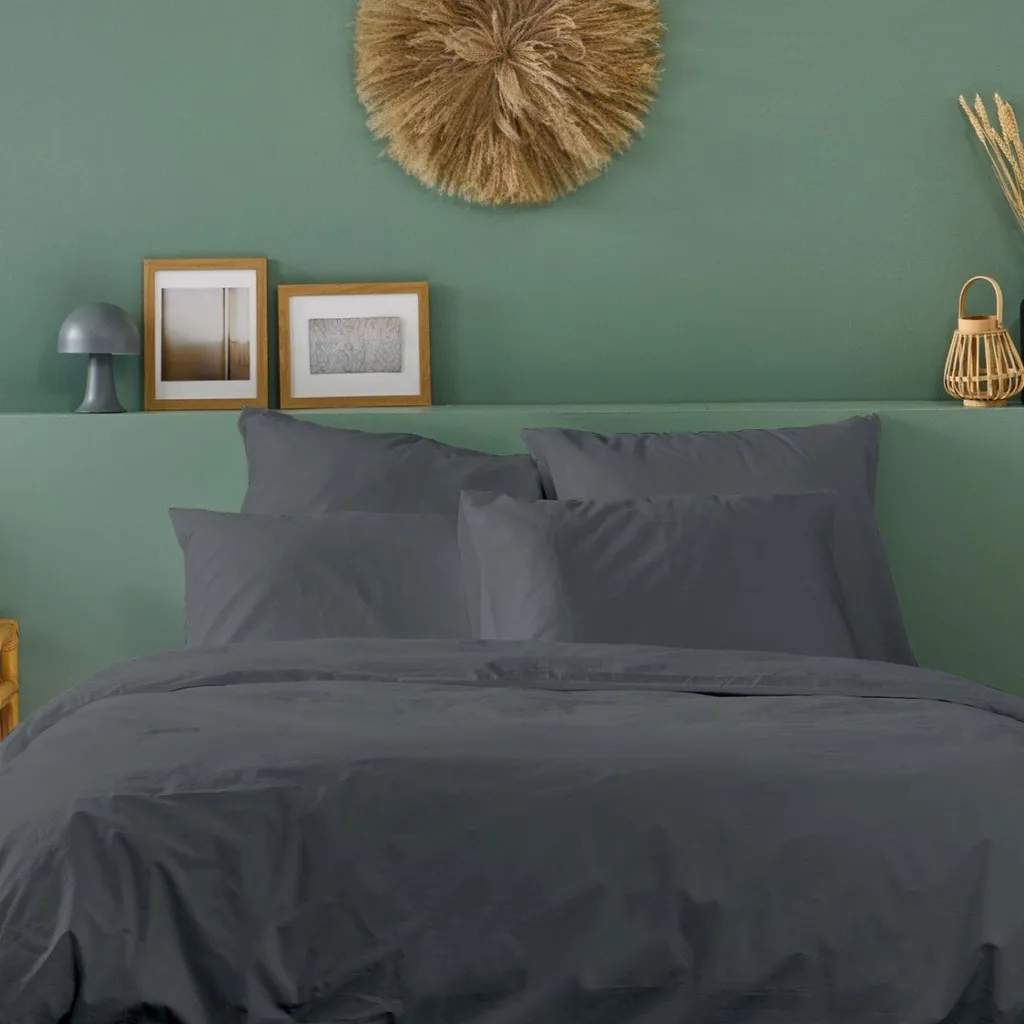 Linge de lit en percale de coton 140x200 cm Bleu Câlin Anthracite