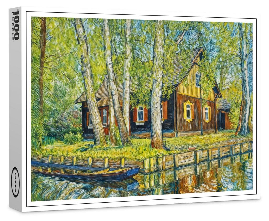 raxxa Premium-Puzzle "Impressionist Spreewald House by a Quiet Canal with Wooden Boat", 1000 Teile