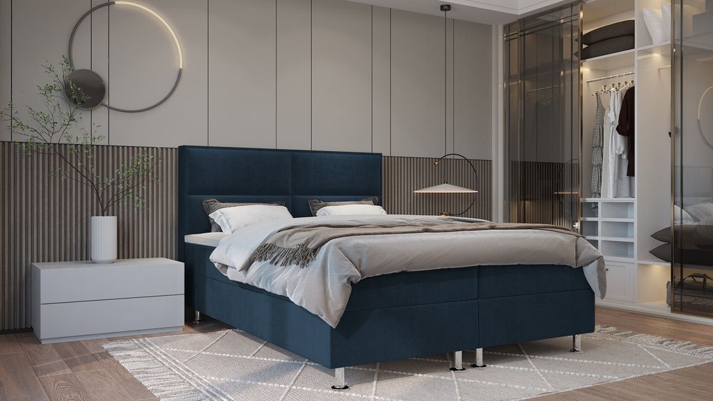 SALES LEADER Boxspringbett BOGOTA 120x200 cm Polsterbett mit zwei Bettkästen, Komplett-Set mit Matratze und Topper (4cm), Dunkelblau, Bett Stoff E...