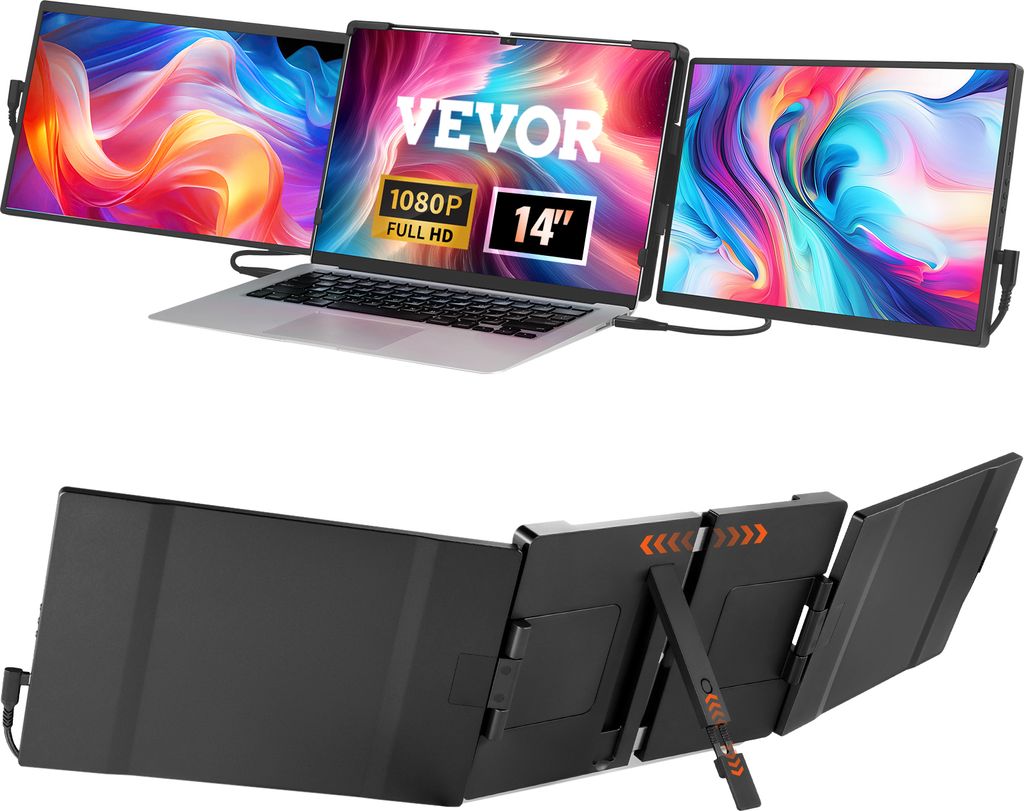 VEVOR Tragbarer Laptop-Bildschirm-Extender, 14 Zoll FHD 1080P IPS Dreifach-Erweiterungsmonitor für 13-17 Zoll Laptops, schwenkbarer tragbarer Moni...